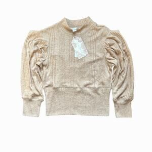 Band of the Free Cropped Puff Statement Sleeve Neutral Sweater Small NWT